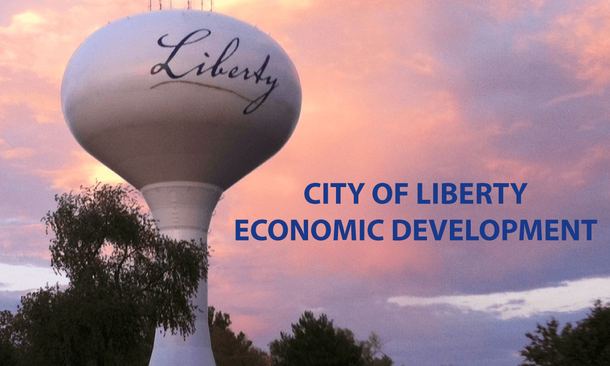 Photo of a water tower that says, "City of Liberty Economic Development"