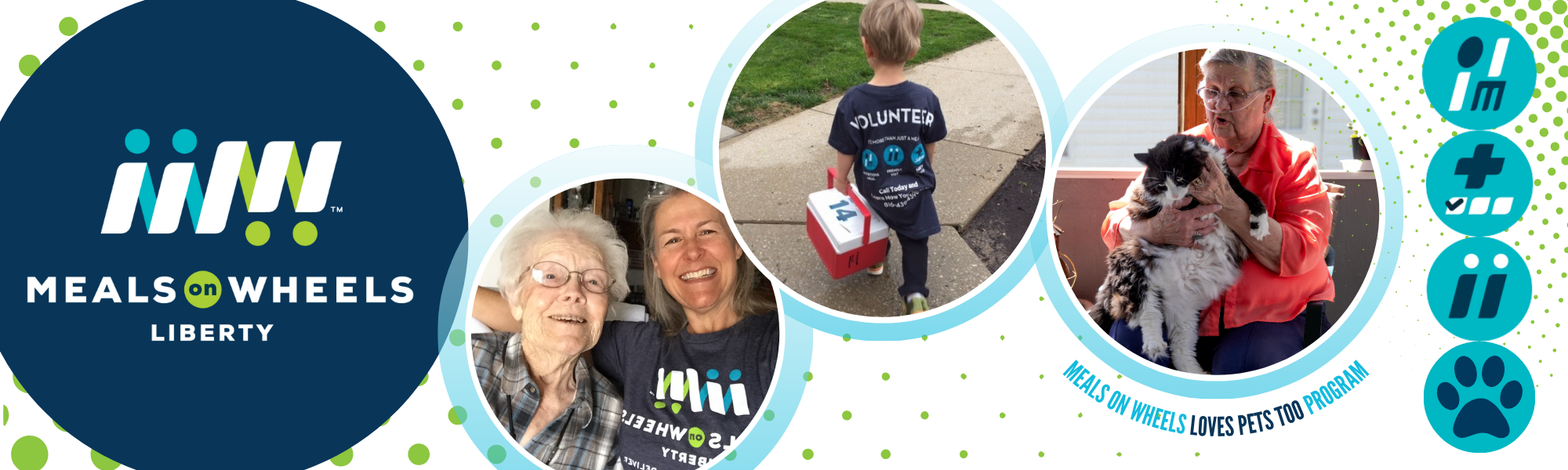 Graphic for the Liberty Meals on Wheels Program featuring three volunteers