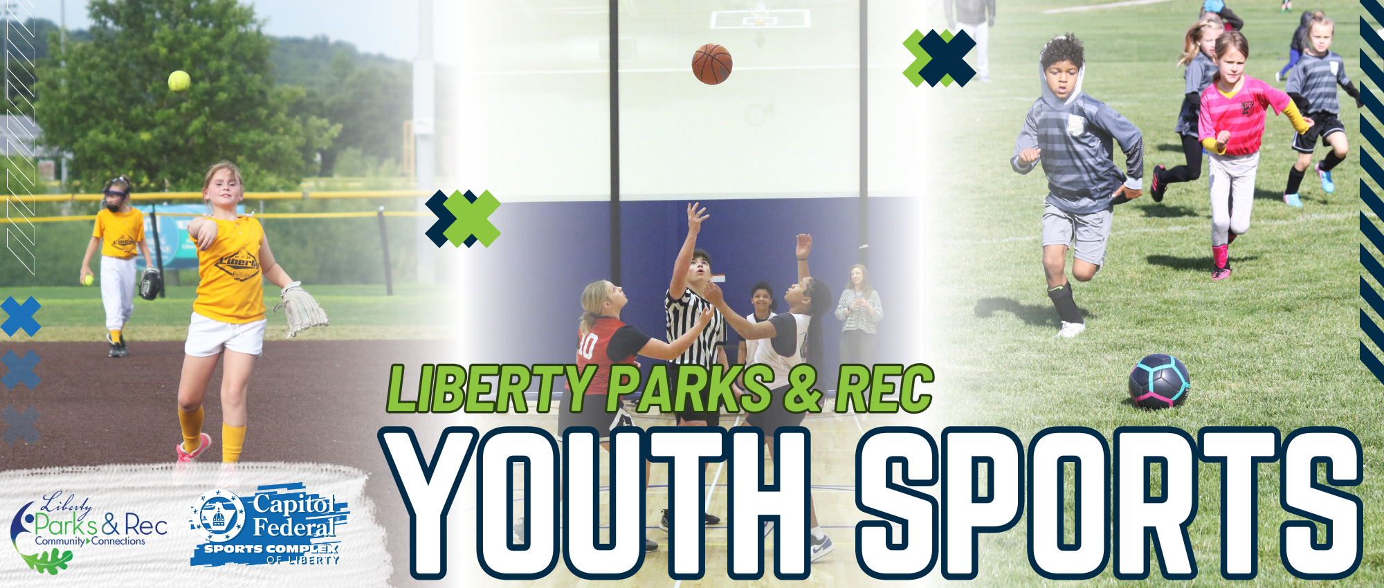 Graphic that says "Liberty Parks & Rec Youth Sports" with a photo of kids playing