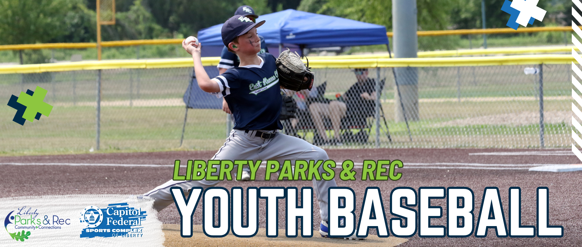 Graphic that says "Liberty Parks & Rec Youth Baseball" with a photo of kids playing baseball