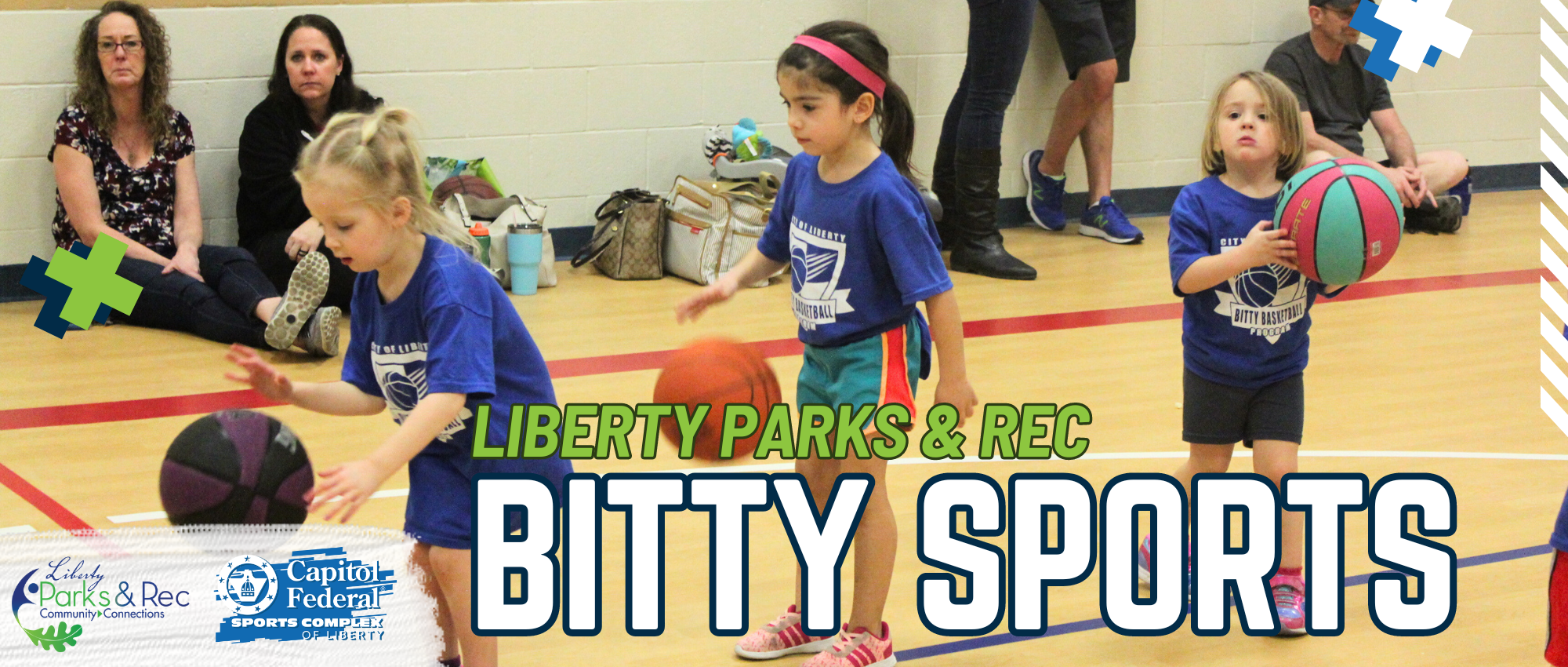 Graphic that says "Liberty Parks & Rec Bitty Sports" with a photo of kids playing basketball