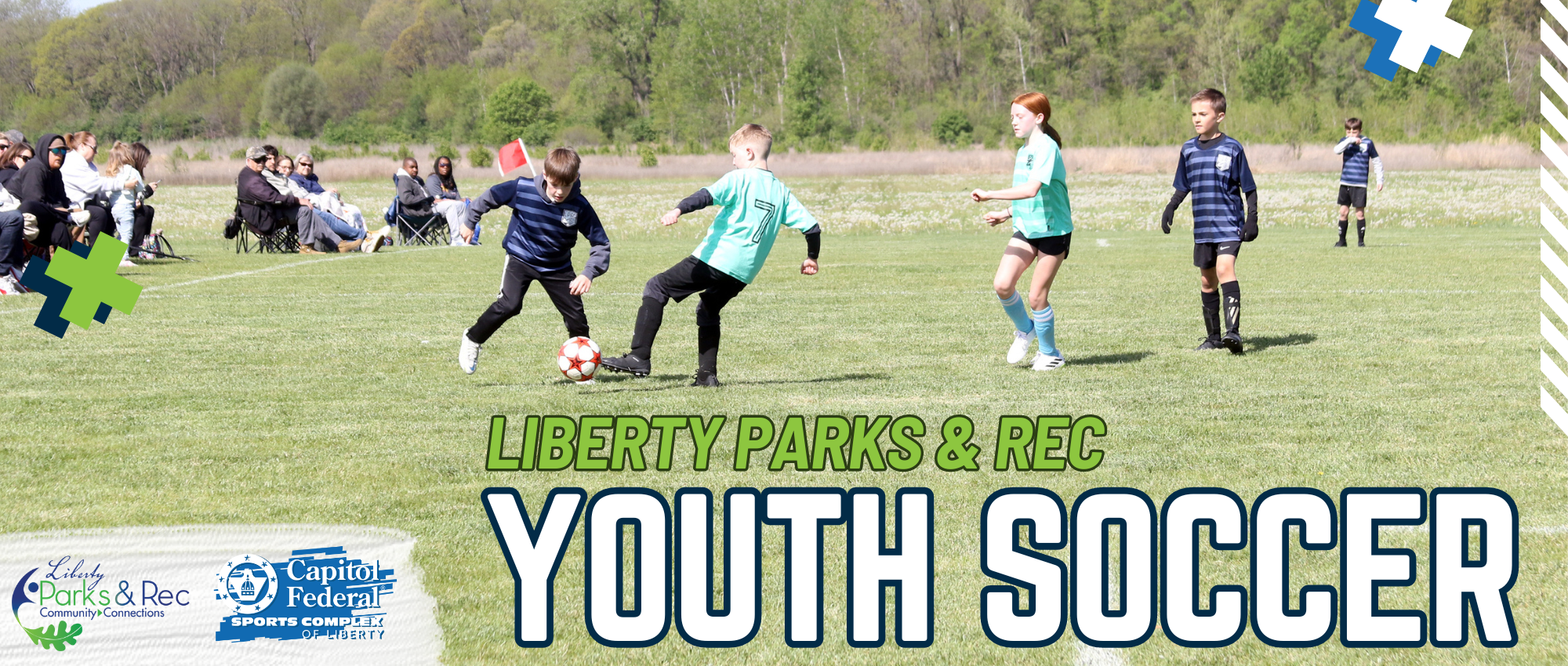 Graphic that says "Liberty Parks & Rec Youth Soccer" with a photo of kids playing soccer