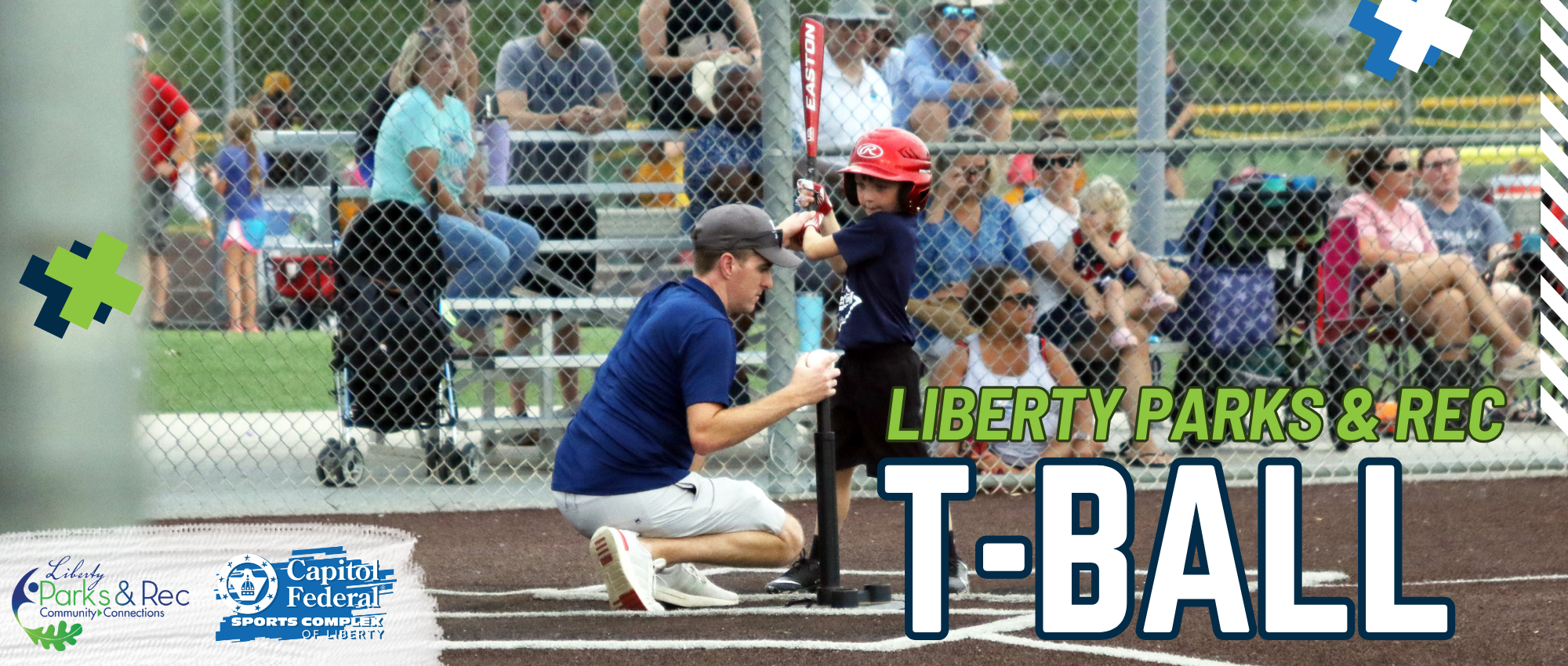Graphic that says "Liberty Parks & Rec T-Ball" with a photo of kids playing T-Ball
