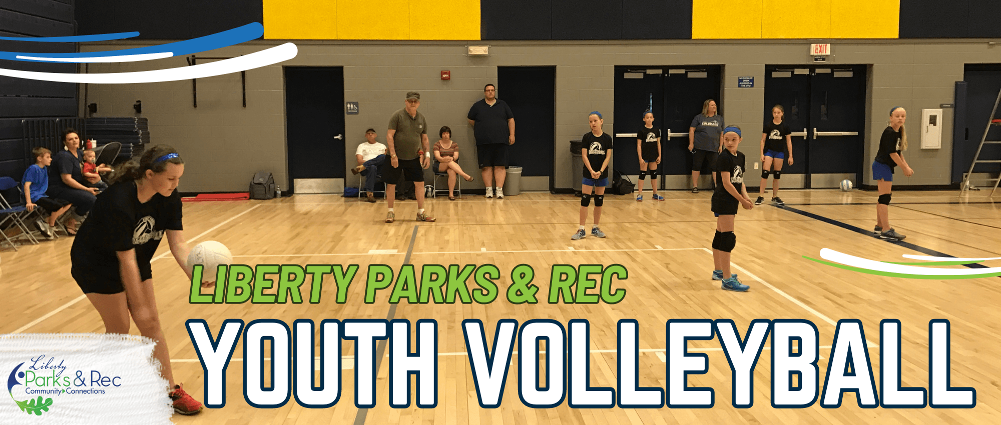 Graphic that says "Liberty Parks & Rec Youth Volleyball" with a photo of kids playing volleyba