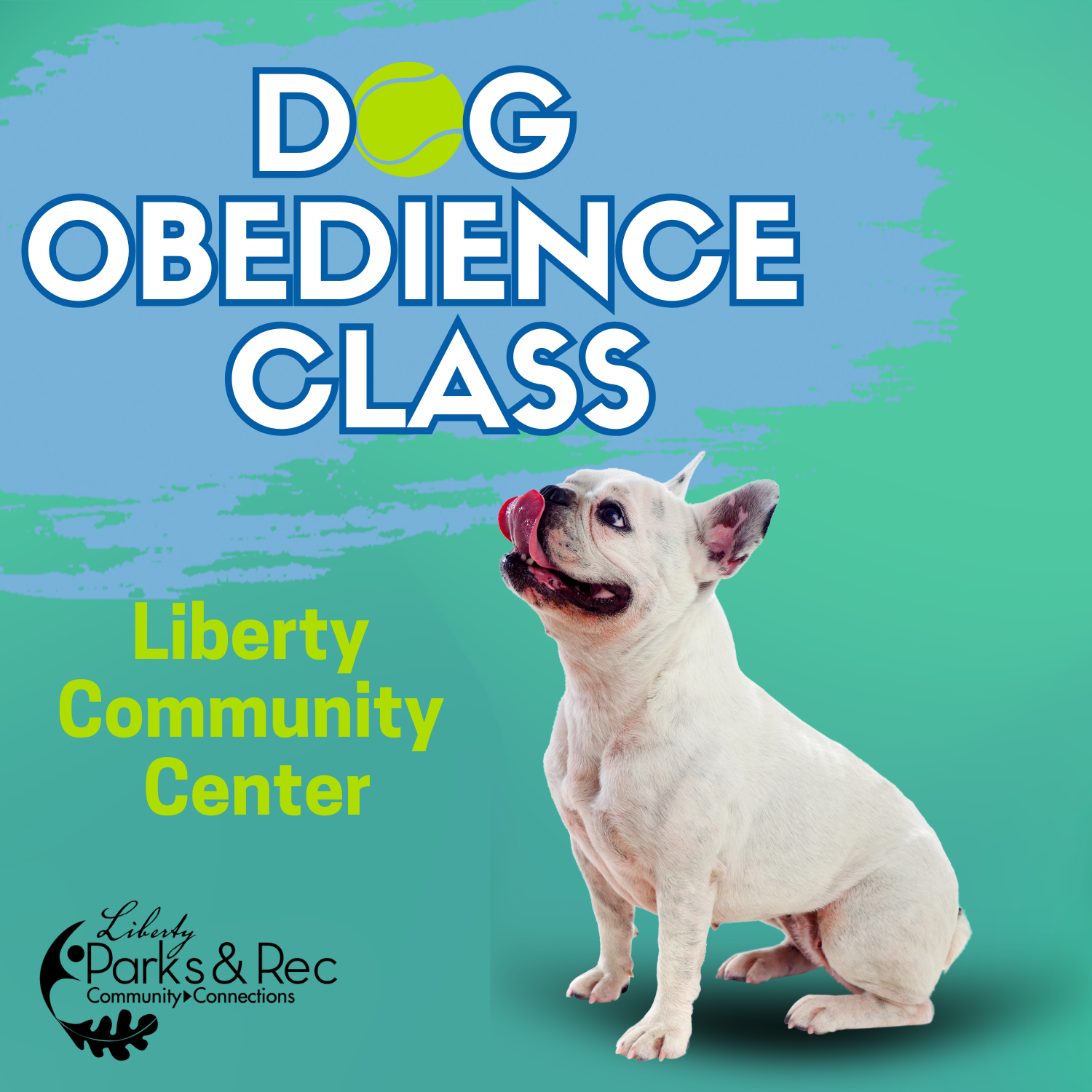 Dog obedience class, dog pictured looking up at text, Liberty Community Center