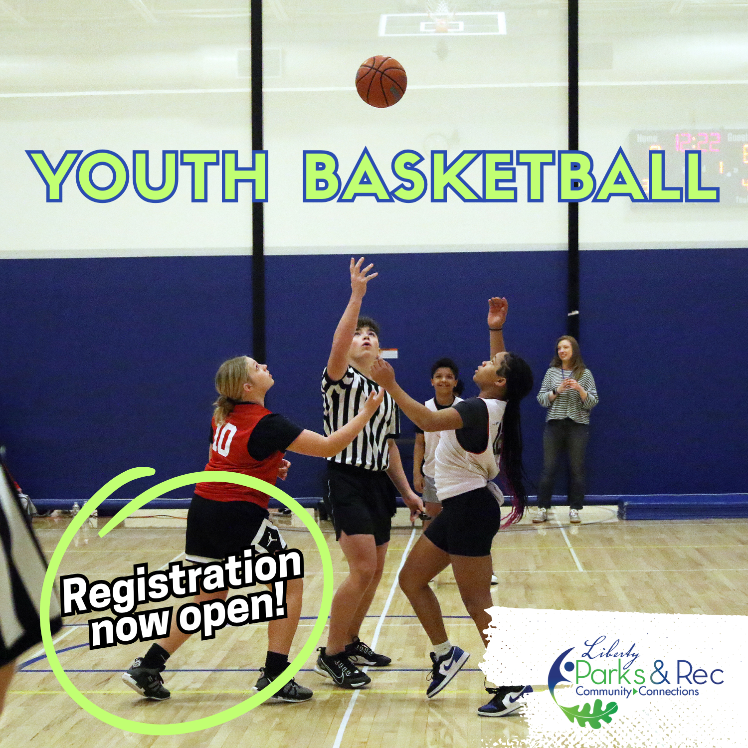Youth Basketball Registration Now Open! Girls doing a jump ball