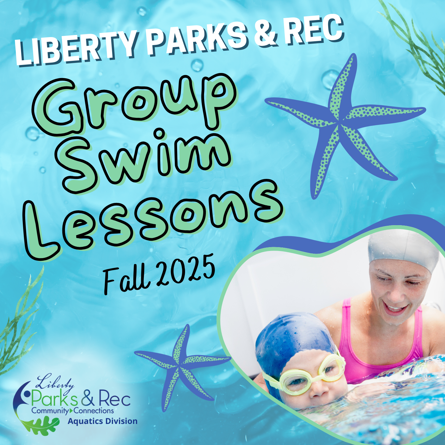 liberty parks & rec group swim lessons fall 2025, girl pictured swimming with instructor
