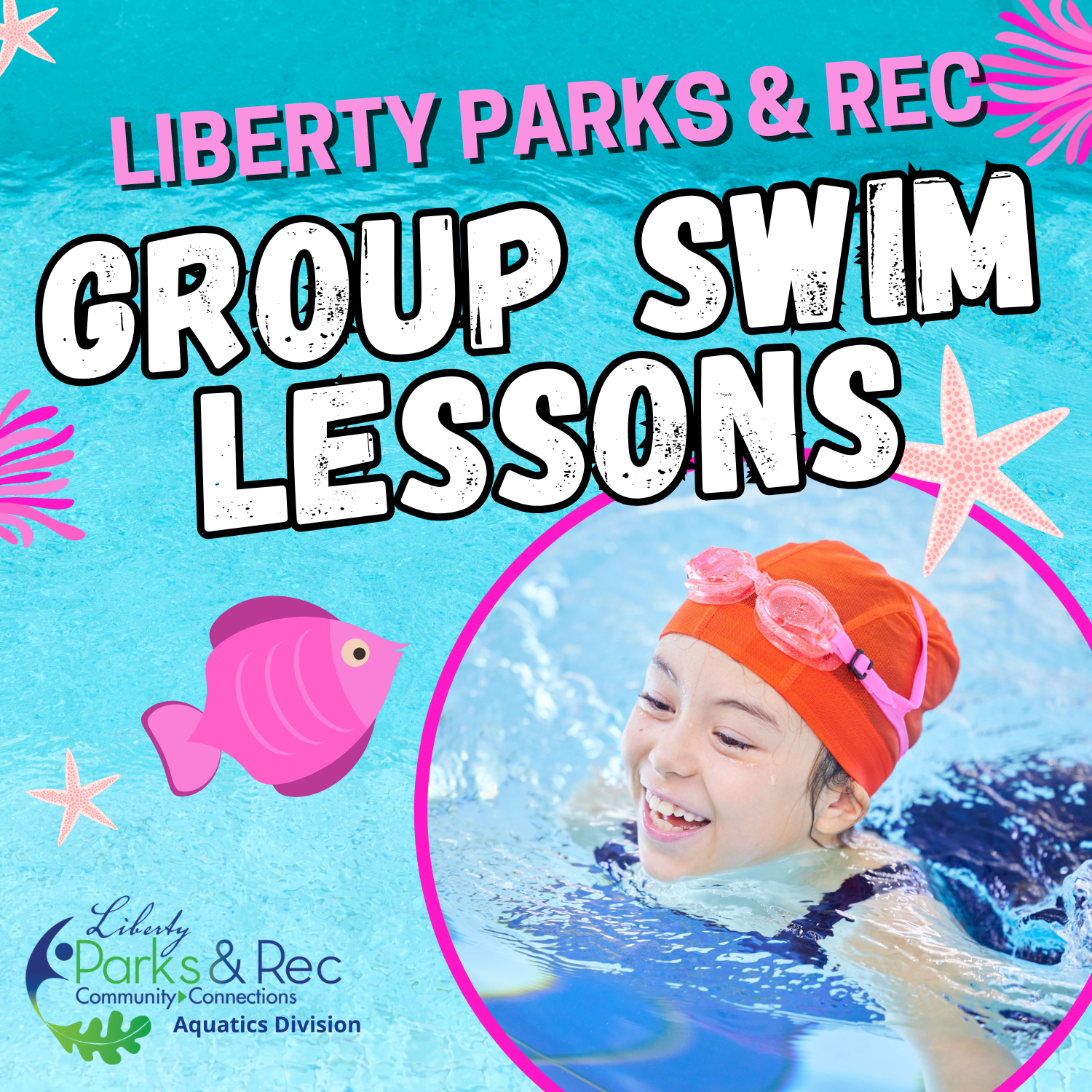 Liberty Parks & Rec Group Swim Lessons, girl in the water with goggles with fish next to her