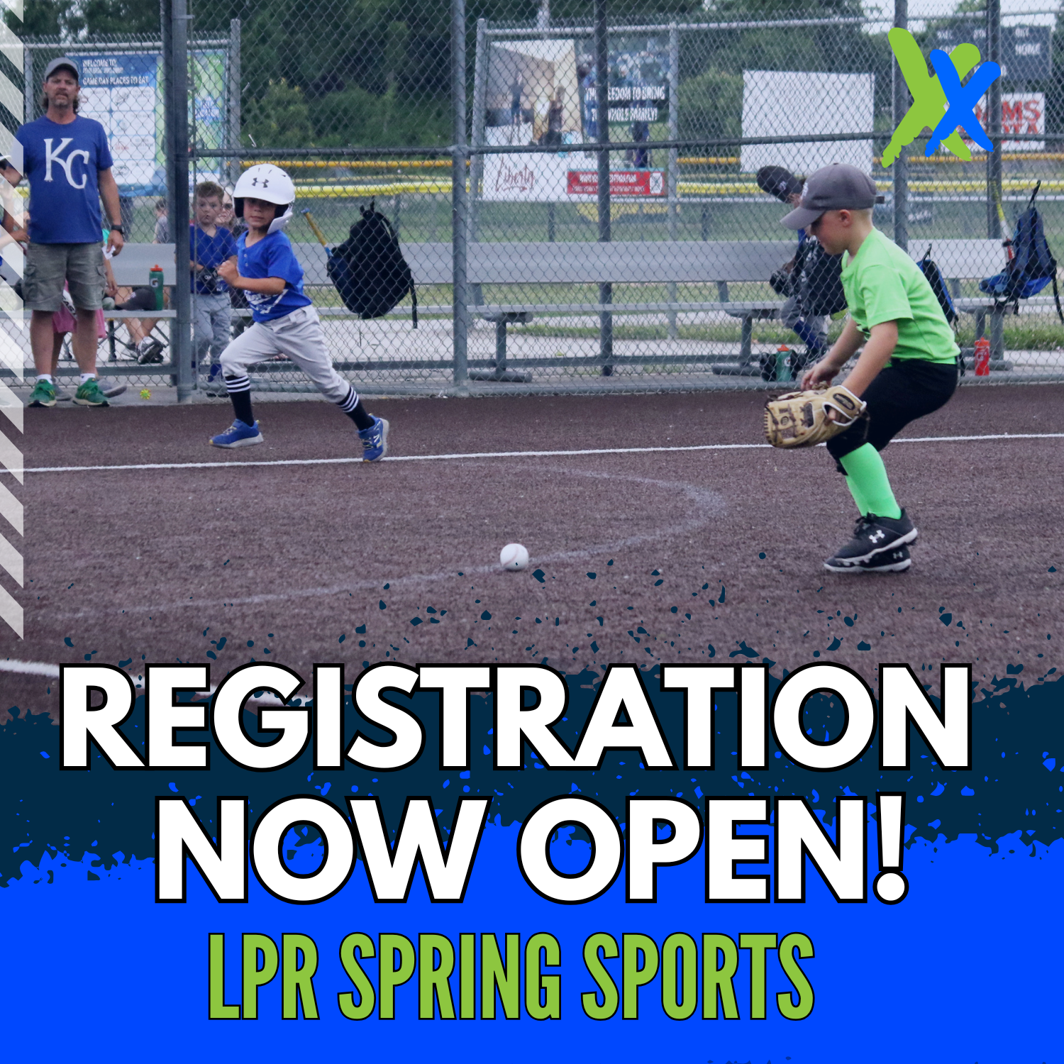 Registration now open! LPR Spring Sports. Kids running the bases and another chasing a ball