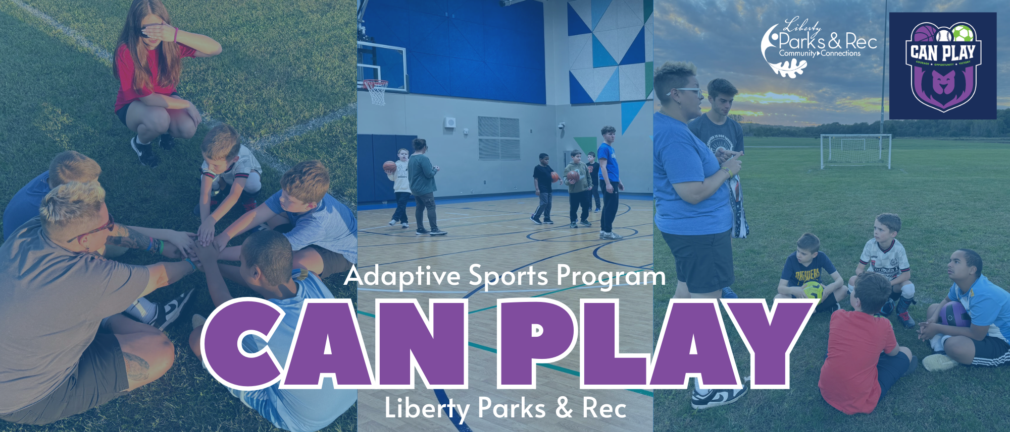 Adaptive Sports Program, Can Play, Kids playing basketball, sitting on a soccer field