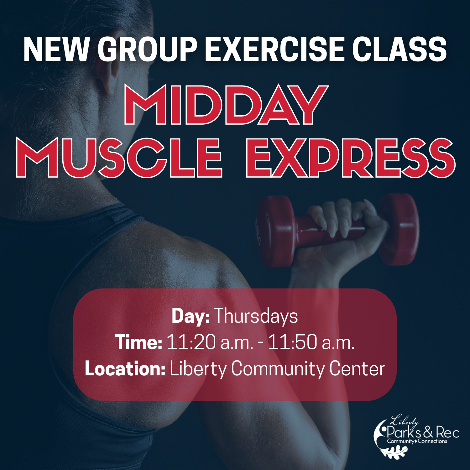 Back of woman holding a red hand weight up to her side.