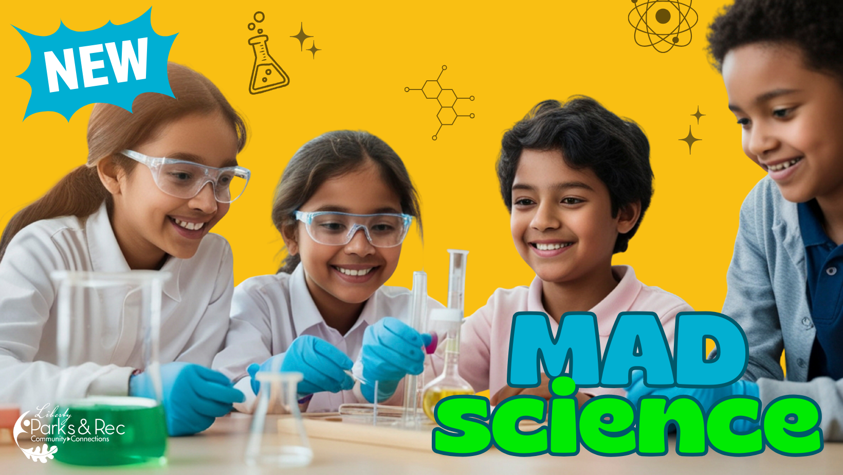 Mad Science, kids smiling and looking at beakers with colorful liquid
